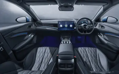 BYD Seal interior view of the dashboard, rotating touchscreen and front seats