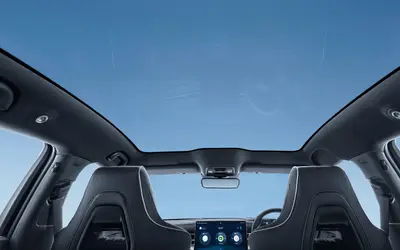 BYD Seal cabin viewed through the silver-plated panoramic glass roof