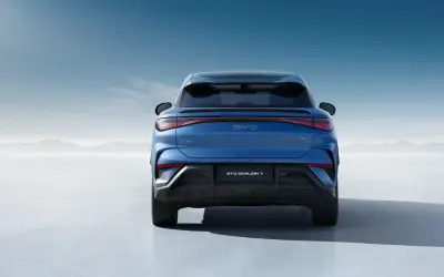 BYD Sealion 7 rear view showing the full-width LED tail light bar in blue