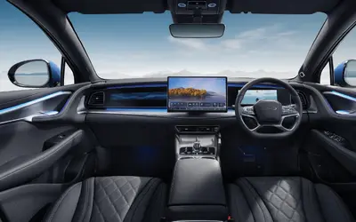 BYD Sealion 7 interior view of the dashboard, rotating touchscreen and centre console