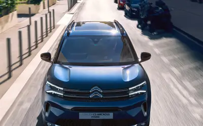 Citroen C5 Aircross front view from above, on the road in blue