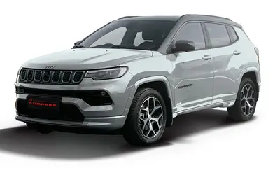 Jeep Compass Model S front three-quarter studio view in Pearl White