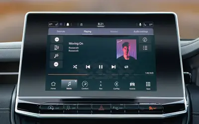 Jeep Compass interior view of the Uconnect touchscreen and centre console