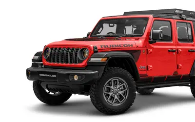 Jeep Wrangler Rubicon front three-quarter studio view in red