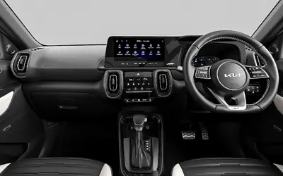 Kia Sonet dashboard and front cabin with touchscreen and GT-Line steering wheel