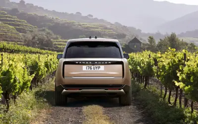 Range Rover rear view on a vineyard track