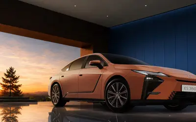 Lexus ES 350h front three-quarter view in copper at sunset