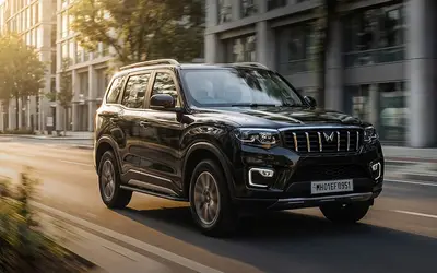 Mahindra Scorpio-N front three-quarter view in black on a city street