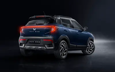 Mahindra XUV 3XO rear three-quarter view in Nebula Blue with LED tail lamps