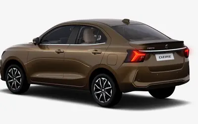 Maruti Dzire rear three-quarter view in Nutmeg Brown