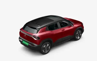 Maruti e Vitara rear three-quarter view in Opulent Red with Bluish Black Roof
