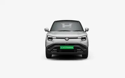Maruti e Vitara front view in Arctic White with Bluish Black Roof