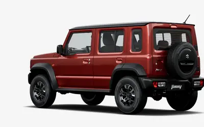 Maruti Jimny rear three-quarter view in Sizzling Red with Bluish Black Roof