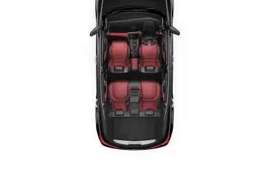 MG Astor top-down cabin view showing Sangria Red seats and boot area