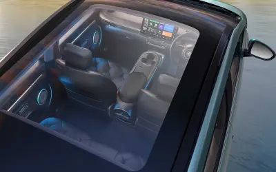MG Windsor EV cabin, dashboard and seats seen through the Infinity View glass roof