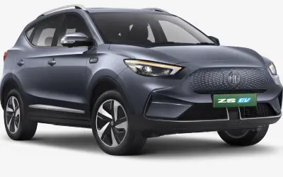 MG ZS EV front three-quarter studio view in Aurora Silver