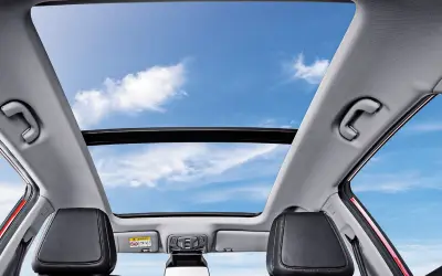 MG ZS EV panoramic sunroof viewed from inside the cabin