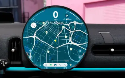 MINI Cooper 3-door circular OLED display showing the navigation map