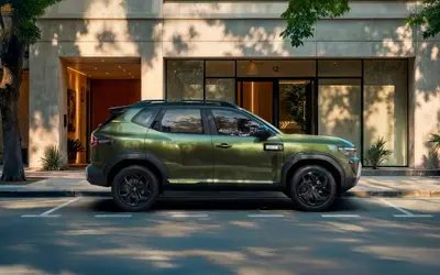 Renault Duster 2026 side profile with black cladding, roof rails and dual-tone black roof