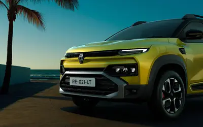Renault Kiger 2025 facelift front fascia close-up with tri-octa LED headlamps and skid plate
