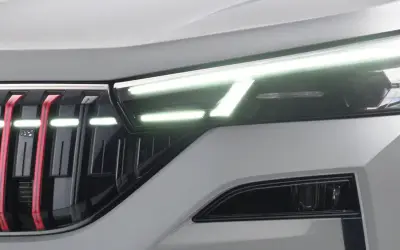 Skoda Kushaq LED headlight and grille close-up