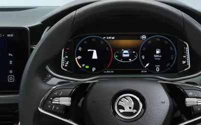 Skoda Kushaq digital cockpit instrument cluster behind the steering wheel