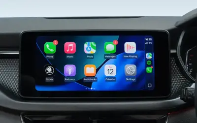 Skoda Kushaq dashboard with 25.6 cm infotainment screen running wireless Apple CarPlay