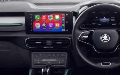 Skoda Kylaq dashboard with infotainment touchscreen, digital cockpit and steering wheel