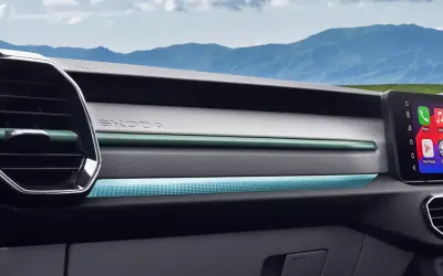 Skoda Kylaq dashboard detail with ambient lighting strip and touchscreen