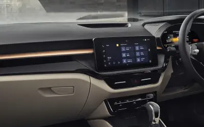 Skoda Slavia dashboard with floating touchscreen, virtual cockpit and copper accents