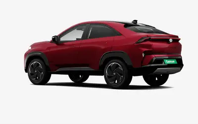 Tata Curvv EV rear three-quarter view in Nitro Crimson