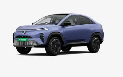 Tata Curvv EV front three-quarter view in Virtual Sunrise
