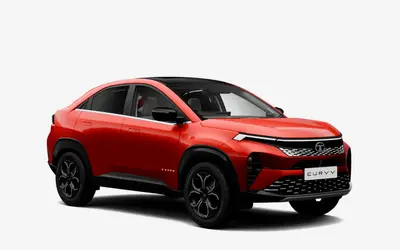 Tata Curvv front three-quarter view in Flame Red