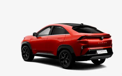 Tata Curvv rear three-quarter view in Flame Red