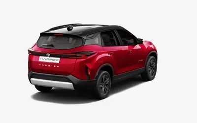 Tata Harrier rear three-quarter view from the opposite side in Nitro Crimson