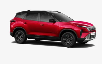 Tata Harrier front three-quarter view from the passenger side in Nitro Crimson