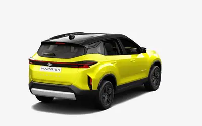 Tata Harrier rear three-quarter view in Sunlit Yellow