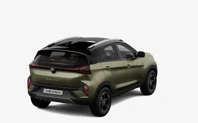 Tata Nexon rear three-quarter view from the opposite side in Grassland Beige