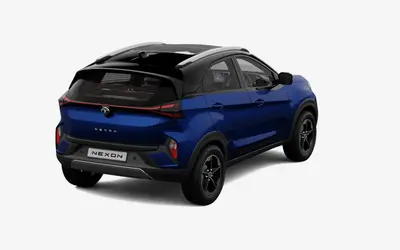 Tata Nexon rear three-quarter view in Royal Blue
