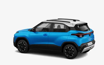 Tata Punch rear three-quarter view in Cyantific blue