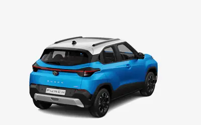 Tata Punch rear three-quarter view from the opposite side in Cyantific blue