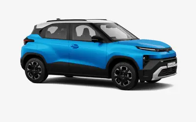 Tata Punch front three-quarter view from the passenger side in Cyantific blue