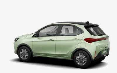 Tata Tiago EV rear three-quarter view in Dehradun Dew green