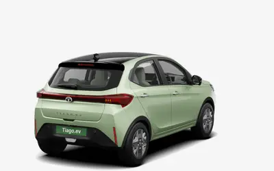 Tata Tiago EV rear three-quarter view from the opposite side in Dehradun Dew green