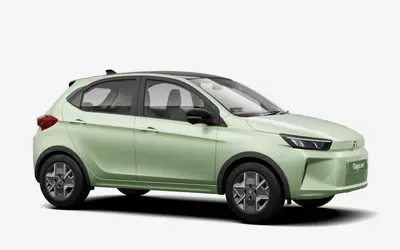 Tata Tiago EV front three-quarter view from the passenger side in Dehradun Dew green