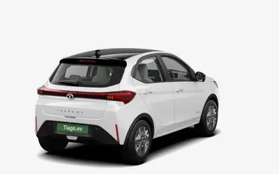Tata Tiago EV rear three-quarter view in Pristine White
