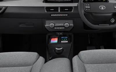 Tata Tiago interior view of the dashboard, centre console and front seats