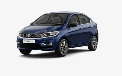 Tata Tigor front three-quarter view in Arizona Blue